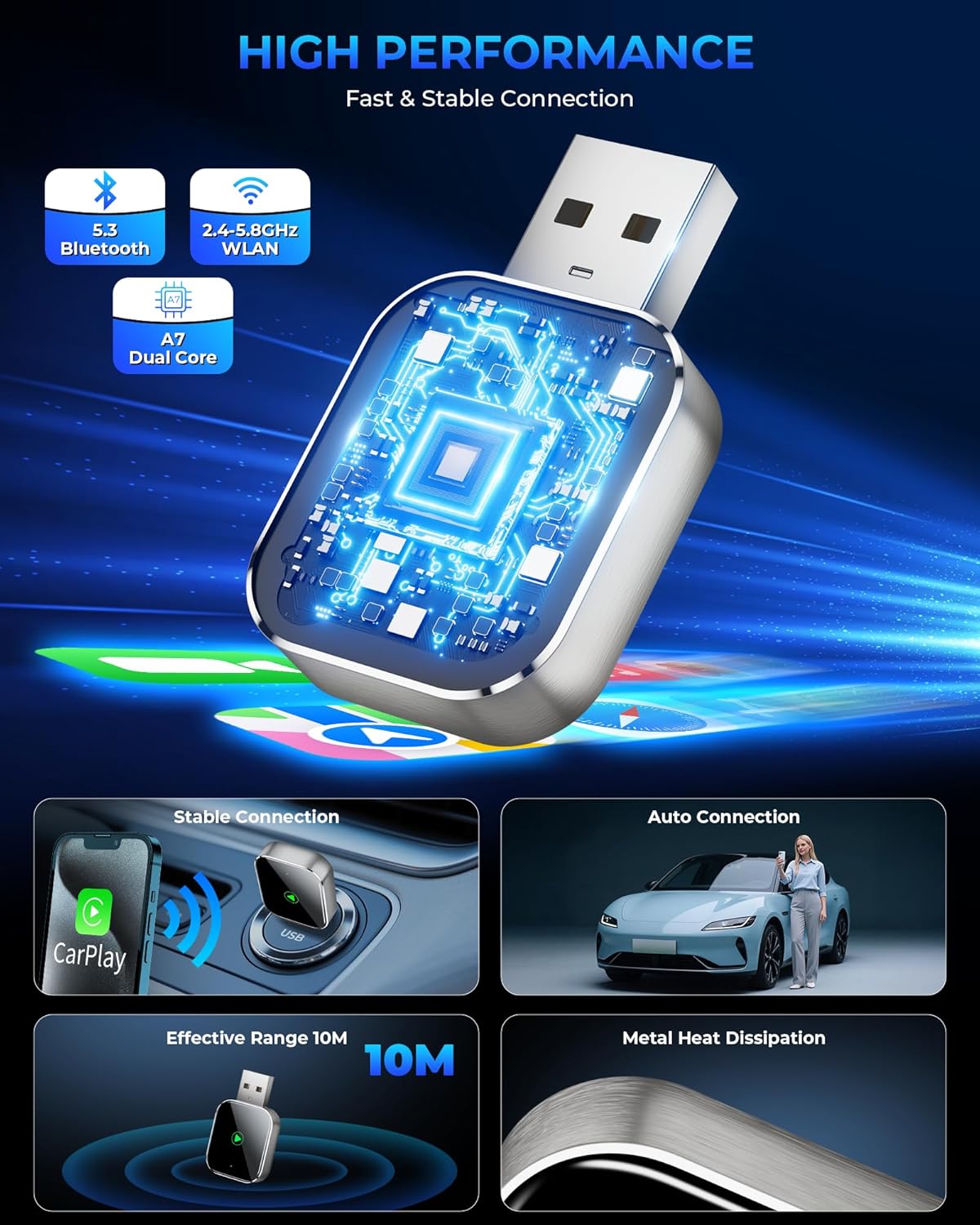 Mini CarPlay Wireless Adapter for Apple iPhone - Converts Wired to Wireless CarPlay Adapter, CarPlay Dongle Stick for Apple Wired CarPlay Cars & for iPhone iOS 10+, USB & Type-C, Plug & Play