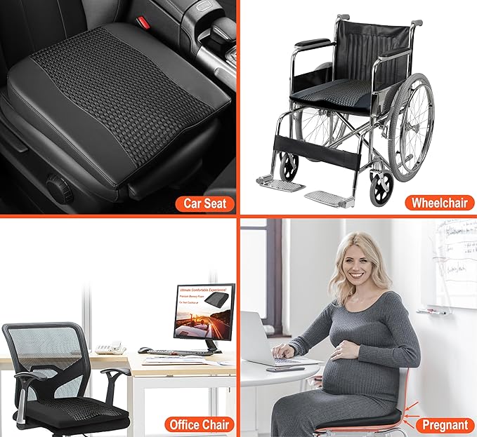 Car Seat Cushion, Comfort Memory Foam Car Cushions for Driving - Sciatica & Lower Back Pain Relief, Driver Seat Pillow for Auto, Office Chair, Wheelchair - 4D Mesh Black