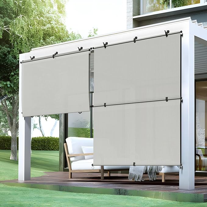 Bynbbur 5'W x 12.5'H Outdoor Patio Shades Foldable Roller Blinds, 220 GSM Sun Shade Roll Up Porch Screens Exterior Shade Cloth for Deck Pergola Backyard, Light Gray