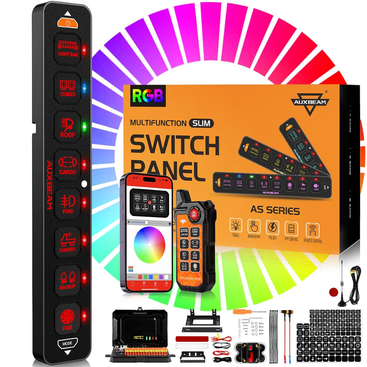 Auxbeam 8 Gang Slim Switch Panel Bluetooth RGB AS-800 with APP&Remote Control Toggle Momentary Pulsed 80A Switch Pod Off Backlight for 12-24V Truck Offroad UTV ATV Car Marine, 2 Years Warranty