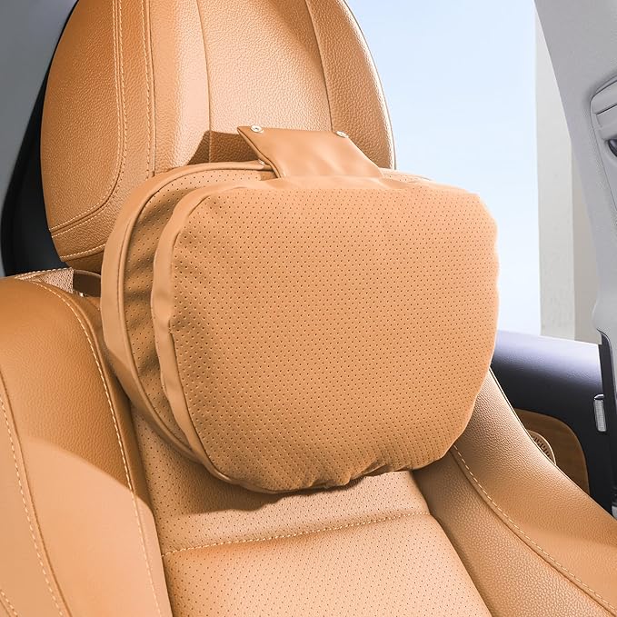 Car Headrest Pillow for Driving, Dual-Sided Leather Design Neck Pillow, Breathable Softness Neck Support, Universal Fit Head Rest Travel Pillow, Palomino Brown, 1 Pack