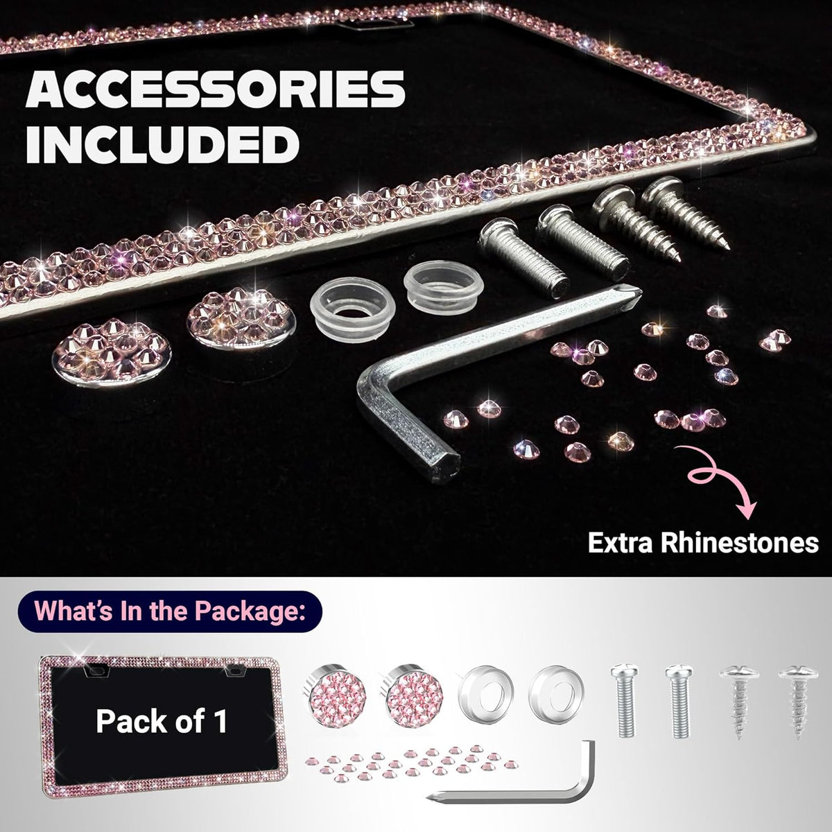 Glamorous Bling License Plate Frame for Women - 1 Pack, 800 Premium Pink Rhinestones, Rust-Free Stainless Steel, Street Legal Slim Design, Sparkly Diamond Car Tag Holder with Glitter Crystal Covers