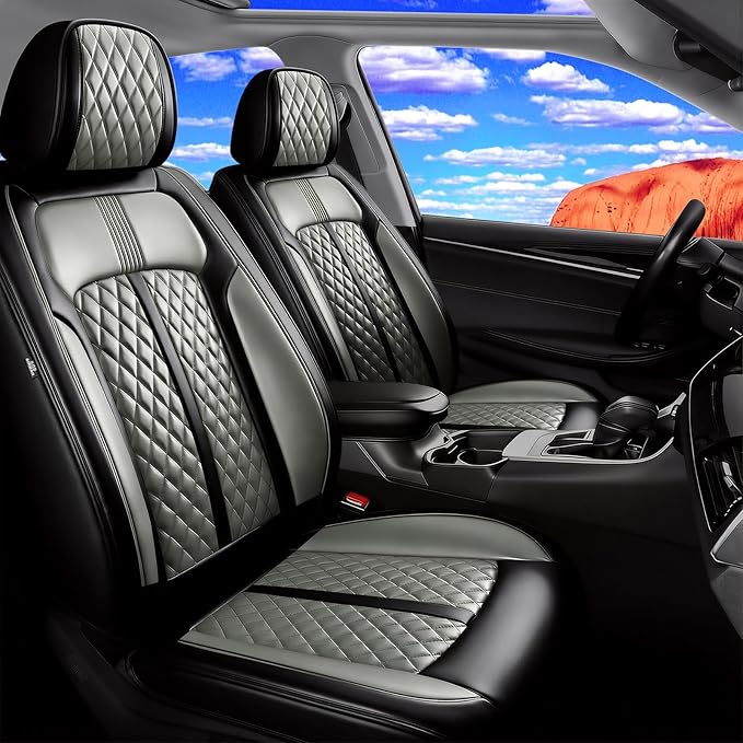 Fit Ridgeline Car Seat Covers for Select Honda Ridgeline 2007-2026 - Premium Full Coverage Leather, Airbag Compatible, Waterproof & All Weather Seat Cushion Protector, Front Pair Black+Gray
