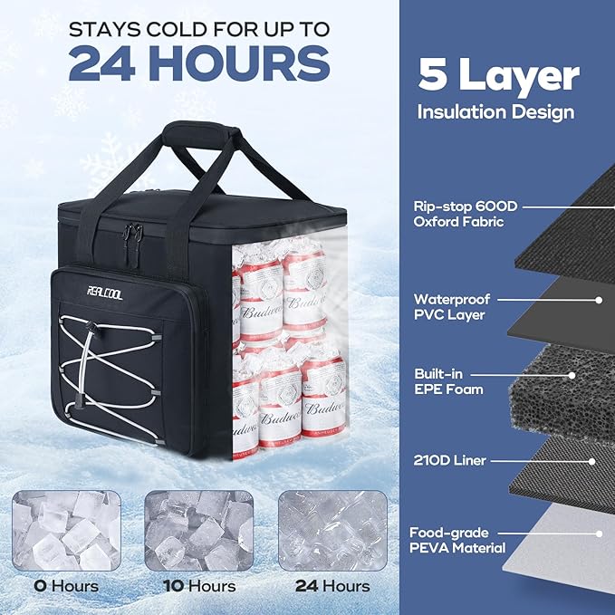 RealCool Soft Cooler Bag 35/45Can, Collapsible Cooler Insulated Leak Proof, Large Lunch Box for Men Women, Soft-Sided Cooler for Picnic, Grocery, Beach, Camping, Travel