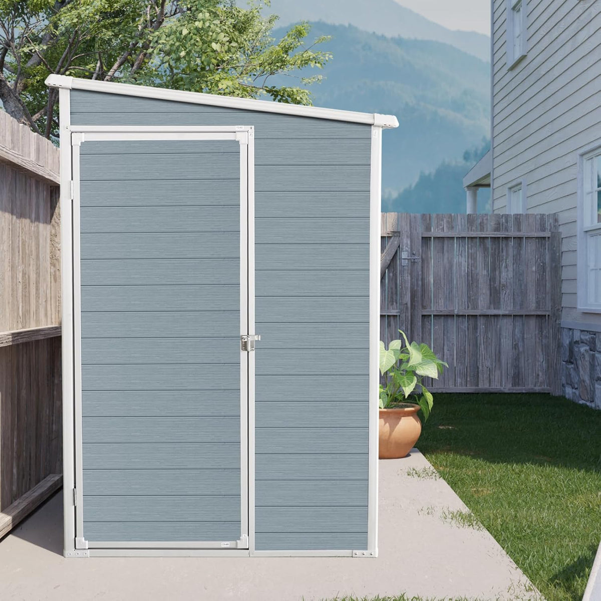 4x8 FT Outdoor Storage Resin Shed with Floor,Waterproof Plastic Garden Bike Shed with Lockable Door, Sloped Roof, Vents & Windows, Easy Assembly Tool Shed for Lawn, Backyard, Patio, Grey