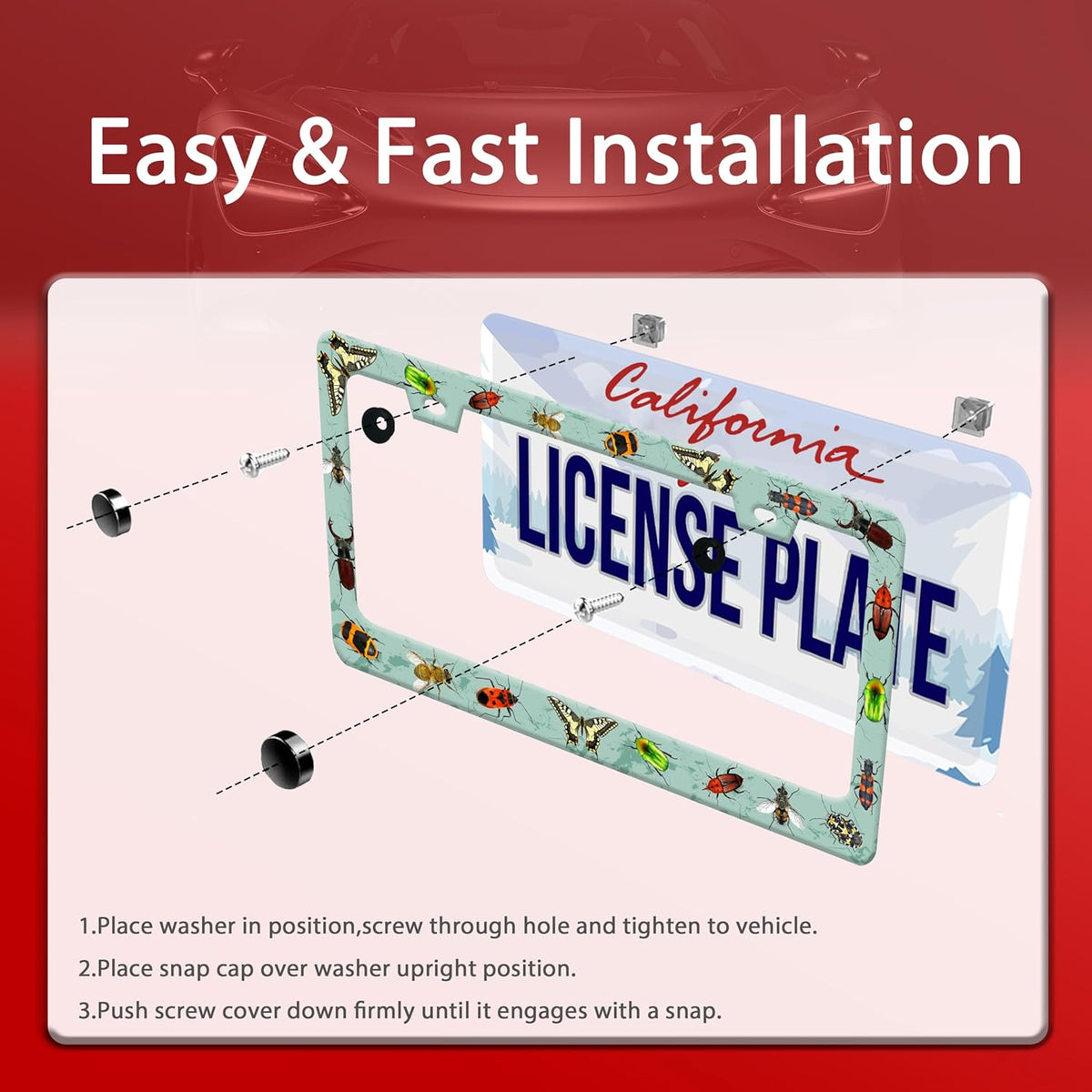 Personalized License Plate Frame Butterfly Moth Beetle Stainless Steel Accessory Animal License Plate Holder Funny Car Decorative 2 Holes Fits Us Standard License Plates 12.2 X 6.3 in for Men Women