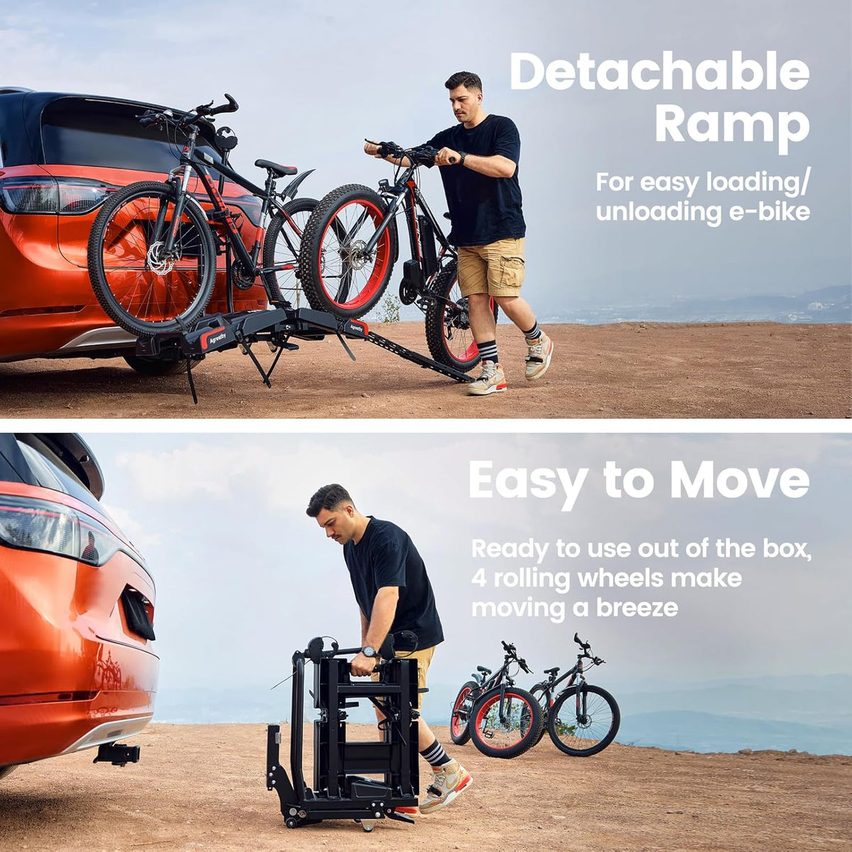 2-Bike Hitch Bike Rack with Ramp - 200 LBS Capacity Fat Tire Ebike Rack, XXL Wheel Straps, Lockable, Foldable & Tiltable - Fits 2" Receivers on Cars, SUVs, Trucks, Trailers - No Installation Needed