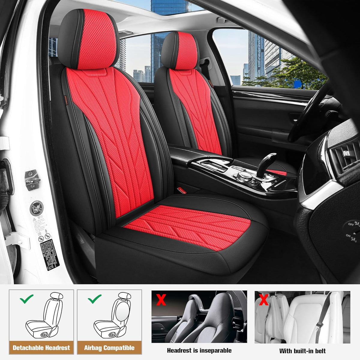 CAROMOP Luxury Faux Leather&Fabric Car Seat Covers 2 Front Seats with Breathable 3D Foam Back Support, Universal Seat Covers for Cars,Trucks,SUVs, Front Armrests Compatible(Black/Red)