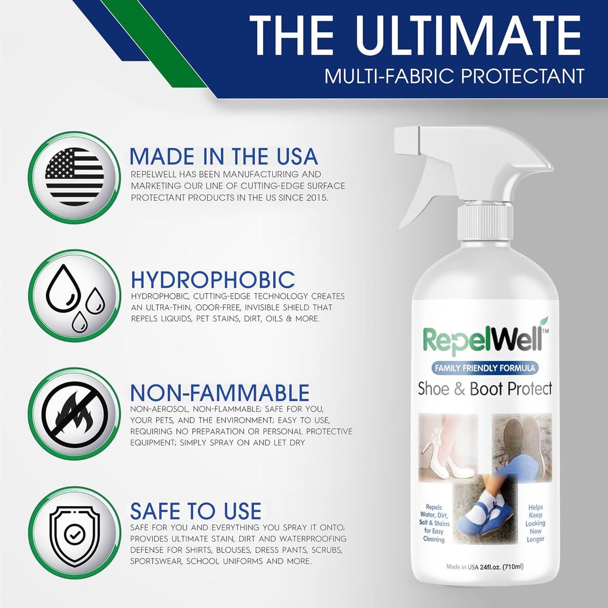 Shoe & Boot Stain & Water Repellent (24oz) Eco-Friendly, Pet-Safe Spray Keeps Fabric, Leather & Suede Clean & Dry