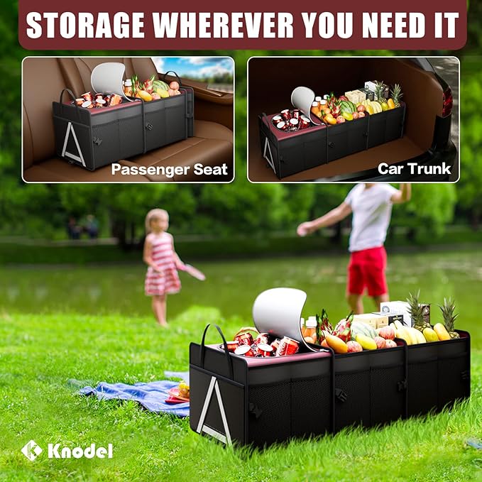 K KNODEL Sturdy Car Trunk Organizer with Premium Insulation Cooler Bag, 3 Compartments Heavy Duty Collapsible for Car, SUV, Truck, or Van (Large, Red)