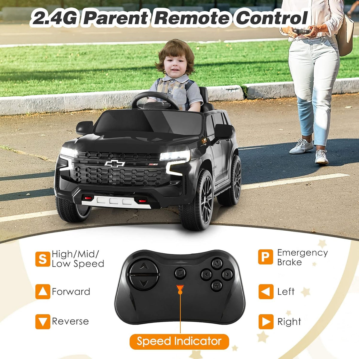 HONEY JOY Ride On Truck, 12V Licensed Chevrolet Tahoe, Chevy Electric Vehicle for Kids, Soft Start, Music, Lights, Battery Powered Ride On Car Toy with Remote Control, Gift for Boys Girls (Black)