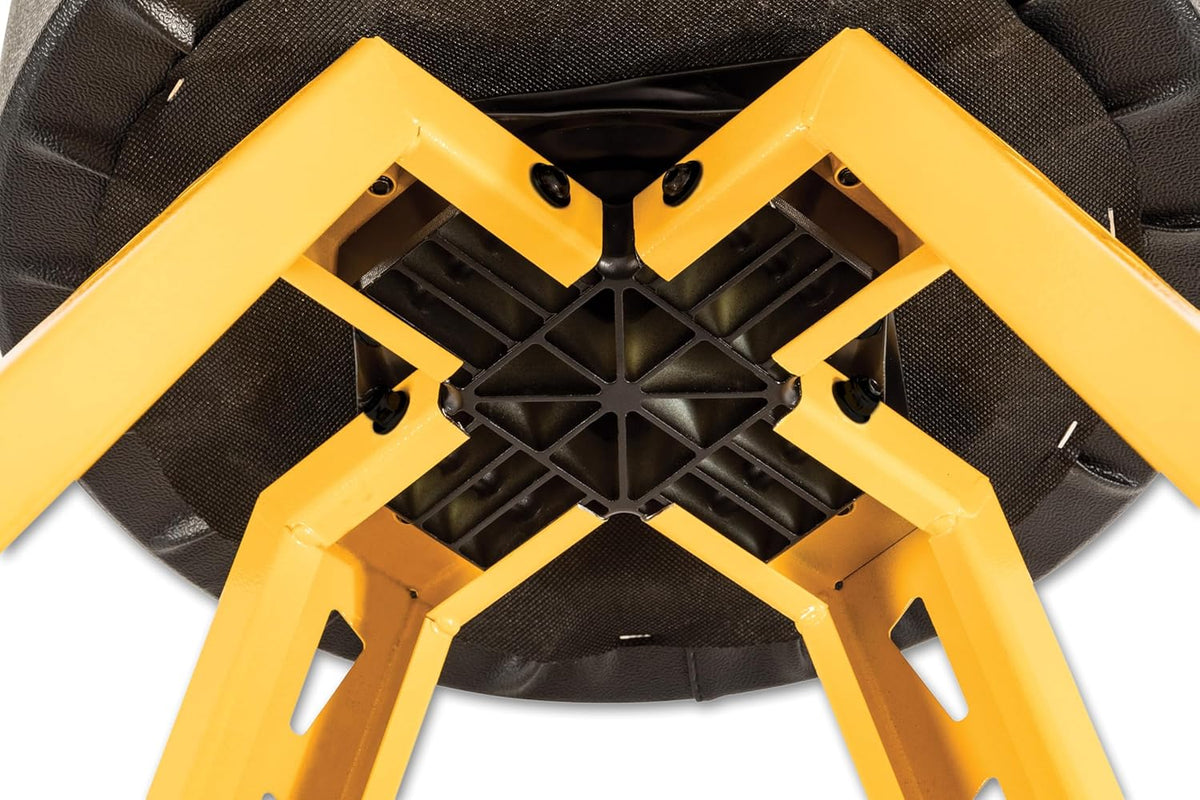DEWALT Heavy-Duty Metal Stool for Garage and Shop, 360 Swivel Seat, Storage Tray, Padded Rip-Resistant Seat, Steel Frame, Industrial Powder Coating