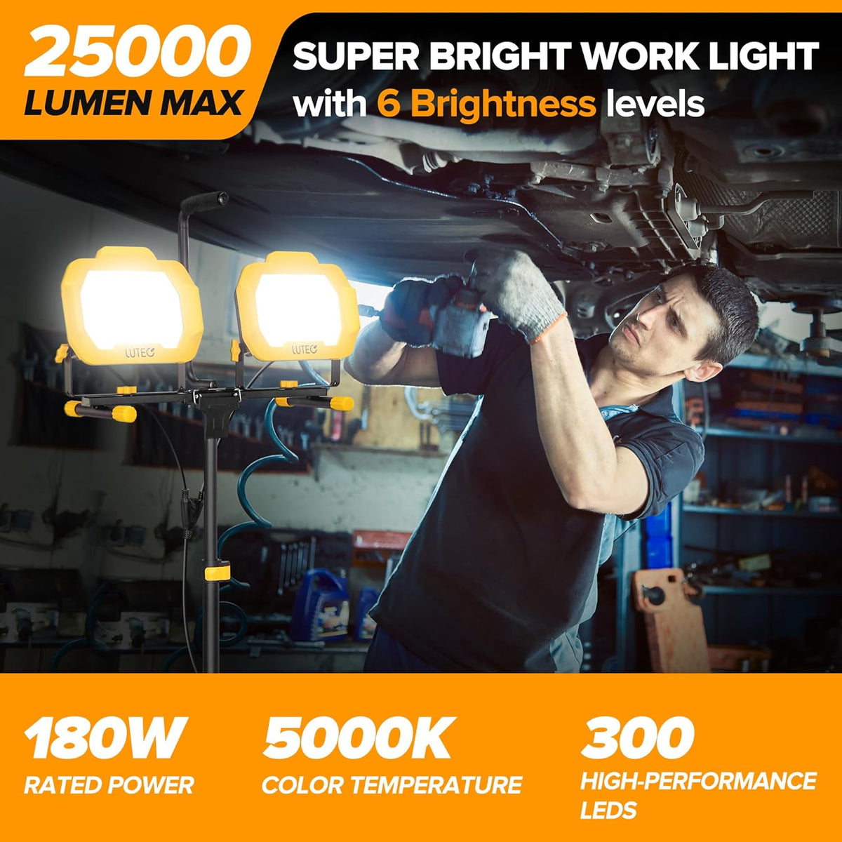 LUTEC 25000 Lumen LED Work Lights with Stand, Dual Head Dimmable Work Light with 6 Brightness Levels, IP65 Waterproof Rotating WorkLights with Telescoping Tripod and 8.2 Ft 3-Prong Power Cord