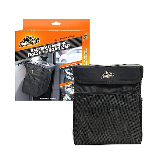 Armor All Car Trash Can & Organizer, 2.63 Gallon Waterproof Covered Garbage Bin, 3 Mesh Pockets, Collapsible for Easy Storage, Adjustable Strap & Hook for Backseat Hanging, 9.5” L x 6.25” D x 10.25” H