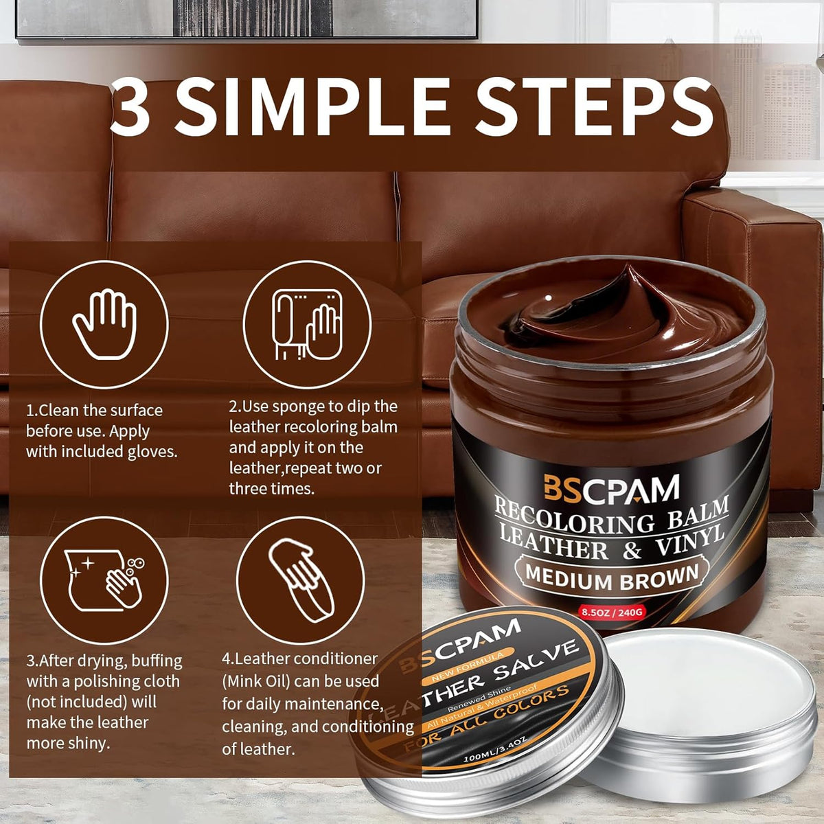 Medium Brown Leather Recoloring Balm with 100ml Mink Oil,Leather Couch Scratch Remover,Leather Repair kit for Vinyl Furniture and Car Interior,Leather Dye Paint,Mink Oil for Leather