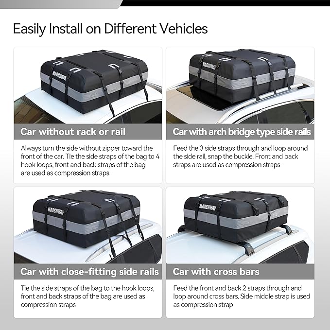 MARCHWAY Waterproof Car Roof Luggage Bag, Weatherproof Soft Shell Rooftop Cargo Carrier Bag for Vehicles with or Without Rack. 6 Door Hooks, Anti Slip Mat, Lock Included (15 Cubic Feet, Black)