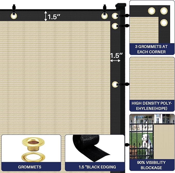 Windscreen4less Privacy Fence Screen Heavy Duty Windscreen Fencing Mesh Fabric Shade Net Cover with Brass Grommtes for Outdoor Wall Garden Yard Pool Deck, 8'x2' Beige