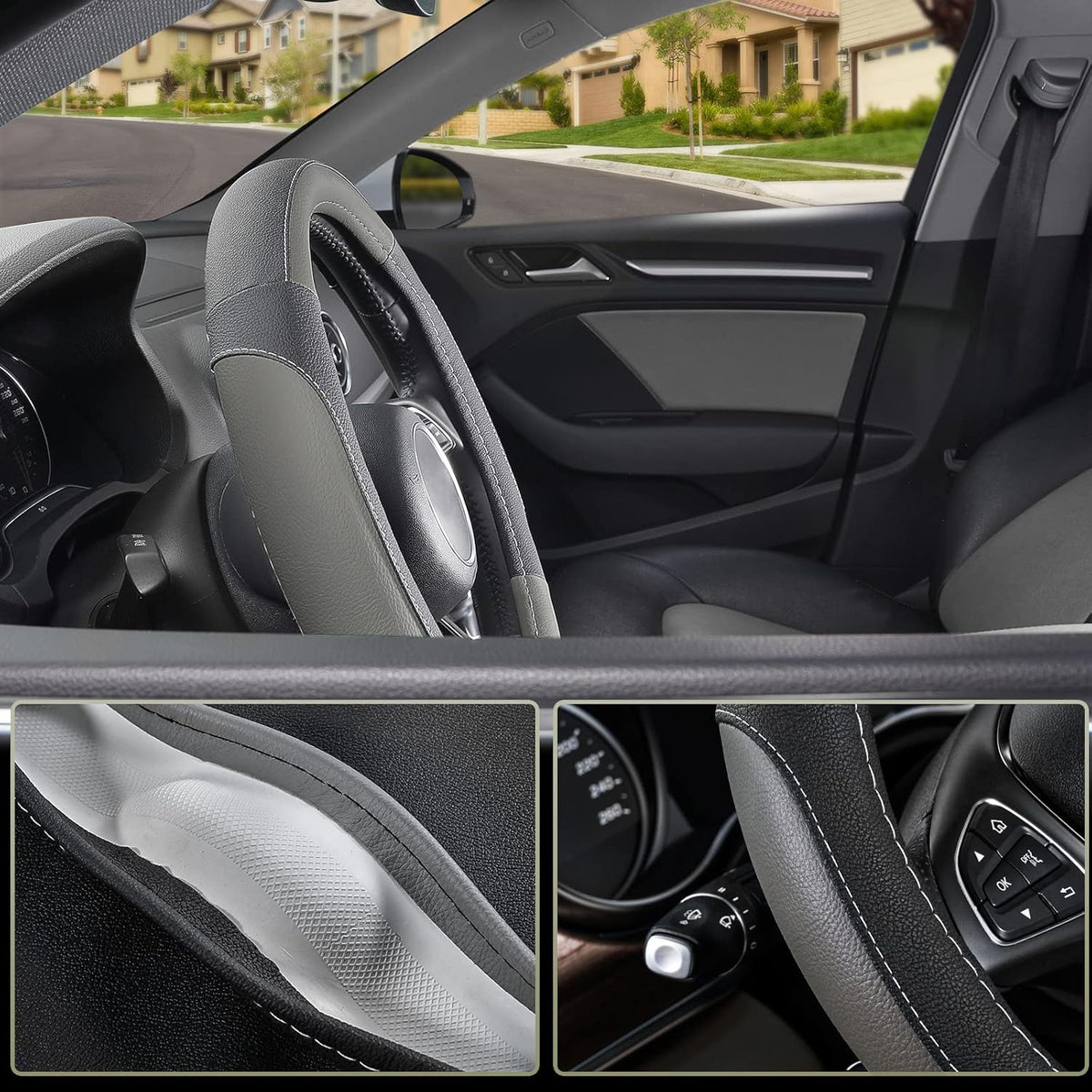 SEG Direct Car Steering Wheel Cover for Prius Civic Model 3 Model Y Camaro, Small Size 14-14.25 inch, Black and Gray Microfiber Leather