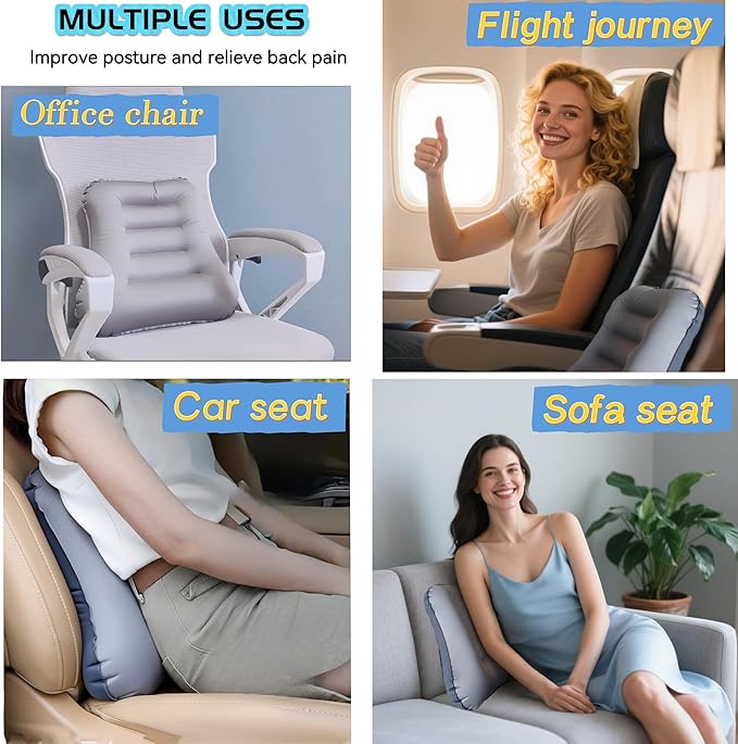 Inflatable Lumbar Support Pillow for Travel Seat and Office Chair, Back Support Pillow for Airplane Travel and Car, Lumbar Pillow for Lower Back Pain Relief and Improve Posture, Easy to Carry - Grey