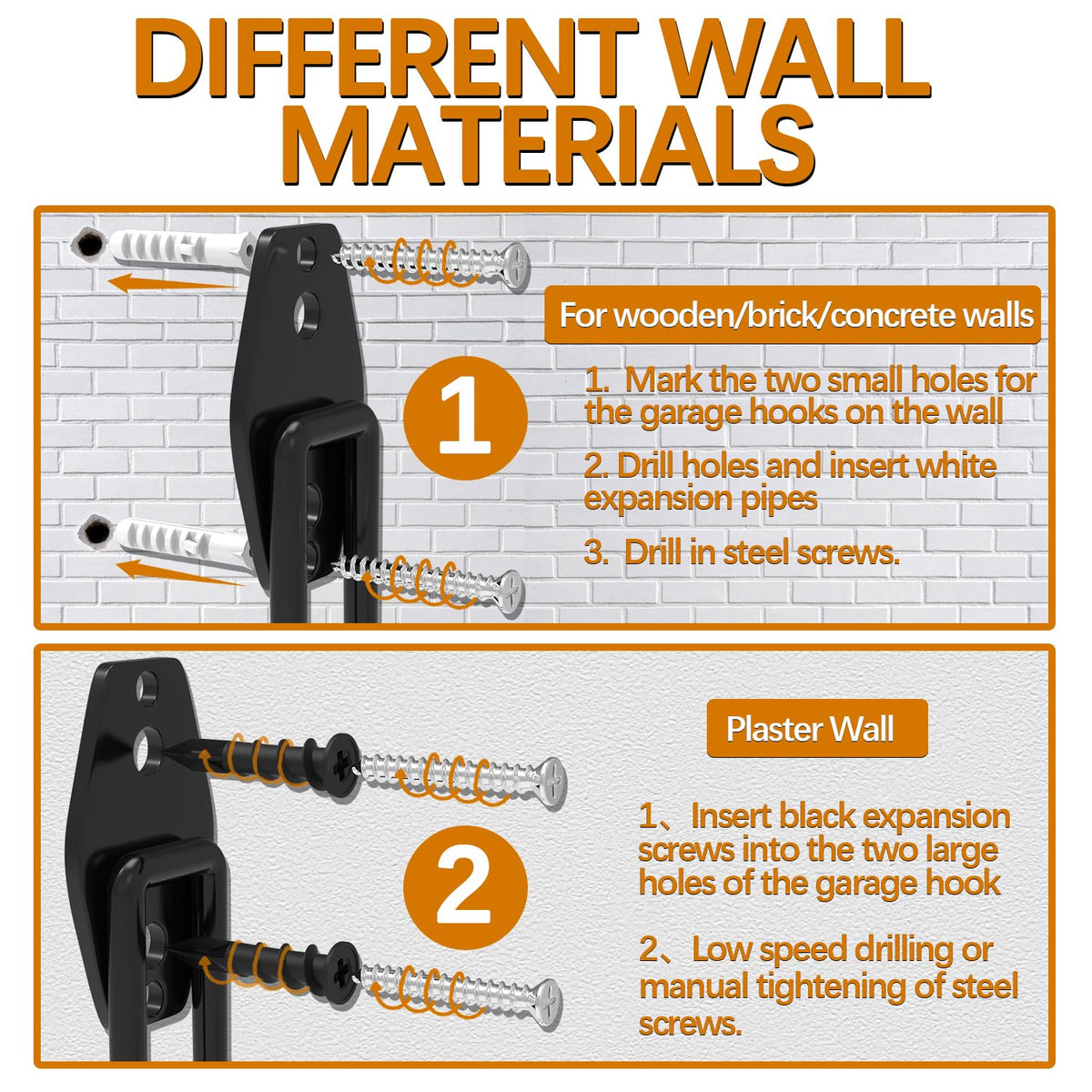 3-H Garage Wall Hooks 14 Pack, Garage Hooks Heavy Duty with Extra Welding Spots, Wall Mount Storage Organizer for Hanging Garden Lawn Tools Ladder Bike WeedEater Chair Shovel Blower (Orange)