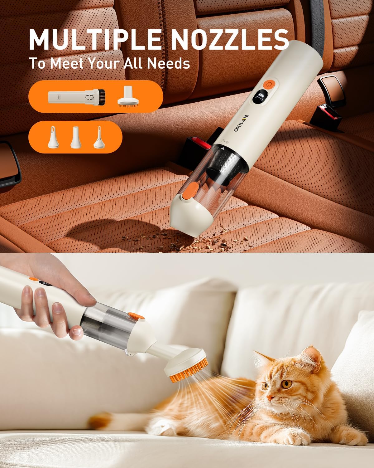 OXILAM 4 in 1 Car Vacuum - Handheld Vacuum 14000PA High Power, Portable Cordless Small Vacuum, Blow & Suction 2 in 1, Up to 30 Mins Runtime, Multi-Nozzles, Vacuum Cleaner for Home, Pet, Car, Office
