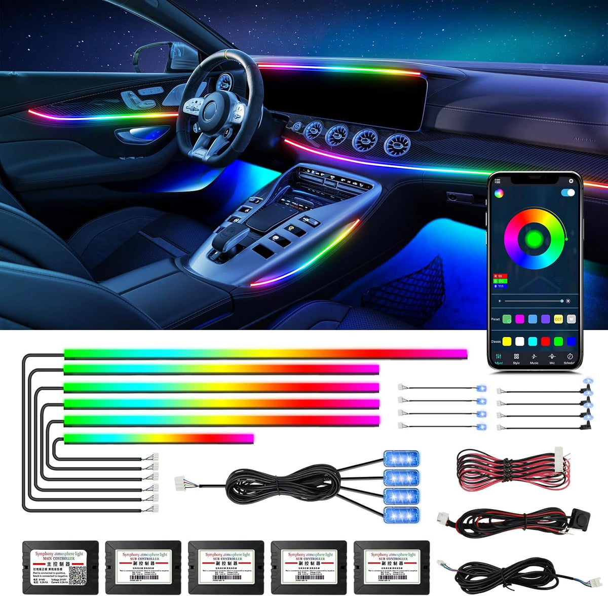 WEBUPAR Dreamcolor Acrylic Interior Car Lights - 18 in 1 RGB LED Strip Lights with APP Control and 213 Color Modes, Decorative Ambient Lighting Kits