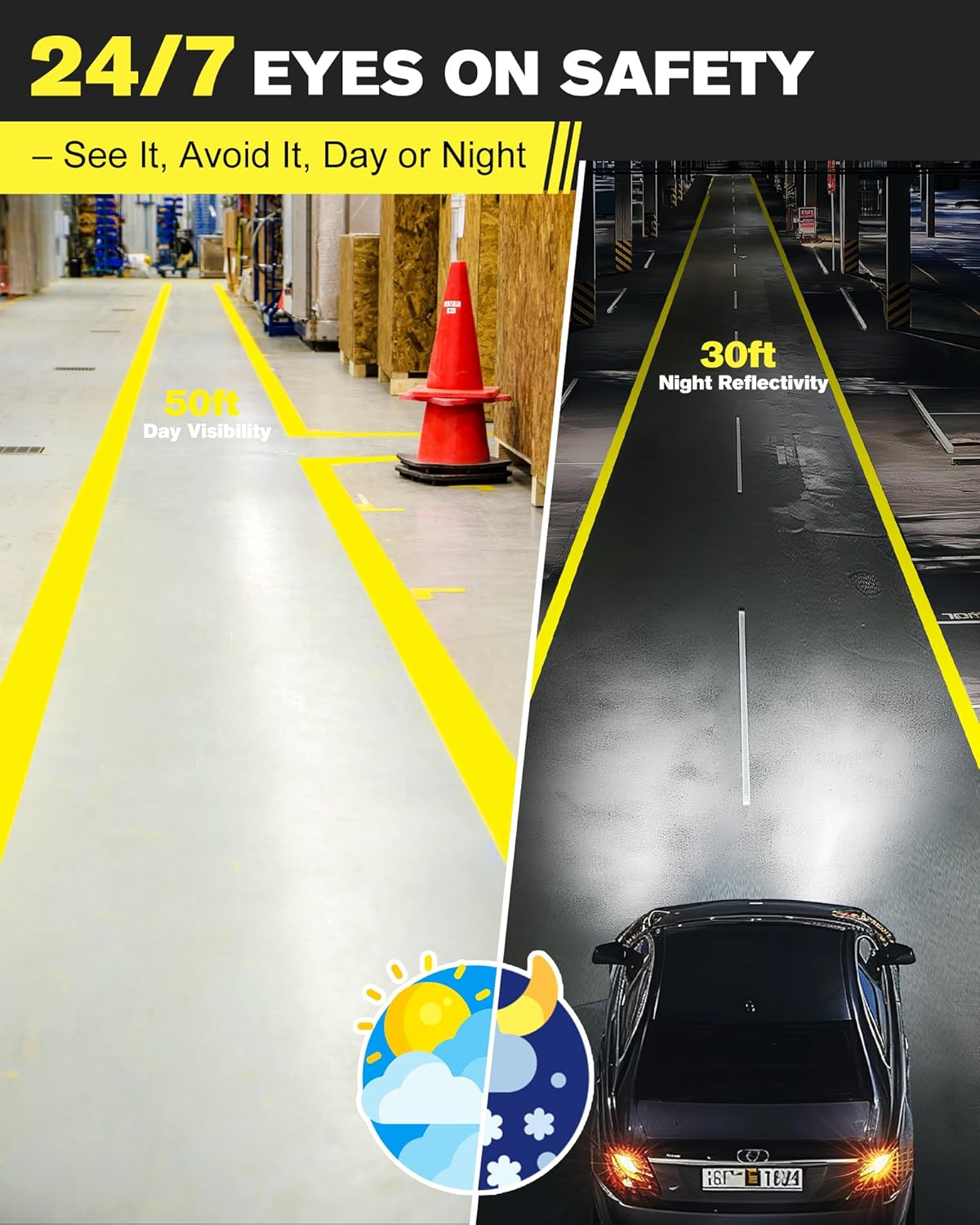 Floor Marking Tape,2 in x 108 FT Strong Adhesive Caution Tape,High Durability Warning Safety Tape for Indoor/Outdoor - Warehouses,Factories,Parking Lots,Retail Locations,Yellow,1 Roll