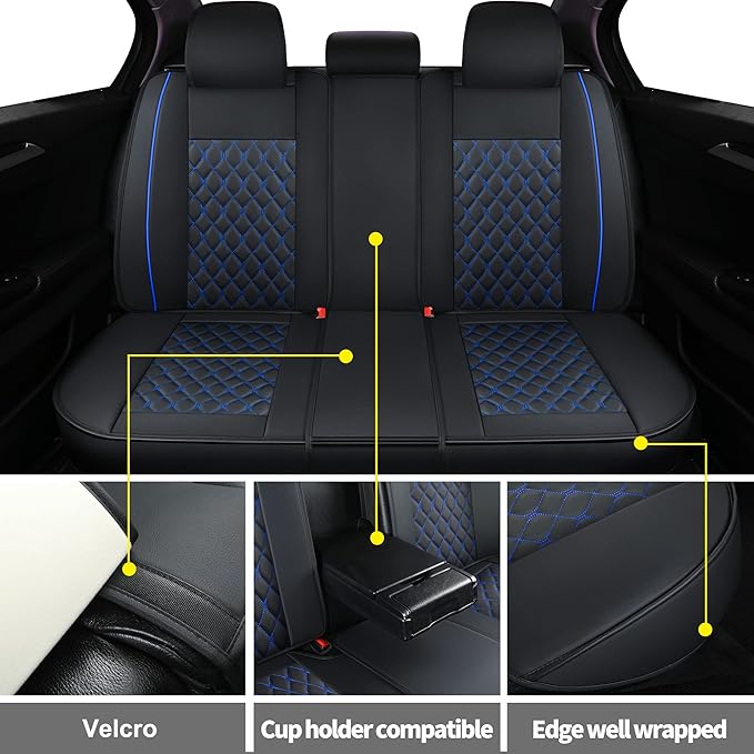 Leather Car Seat Covers Full Set,Universal Fit for Most Cars,SUV,Sedans and Pick-up Trucks,Automotive Vehicle Faux Leather Cushion Covers for 5 Passenger Cars(Full Set,Black/Blue)