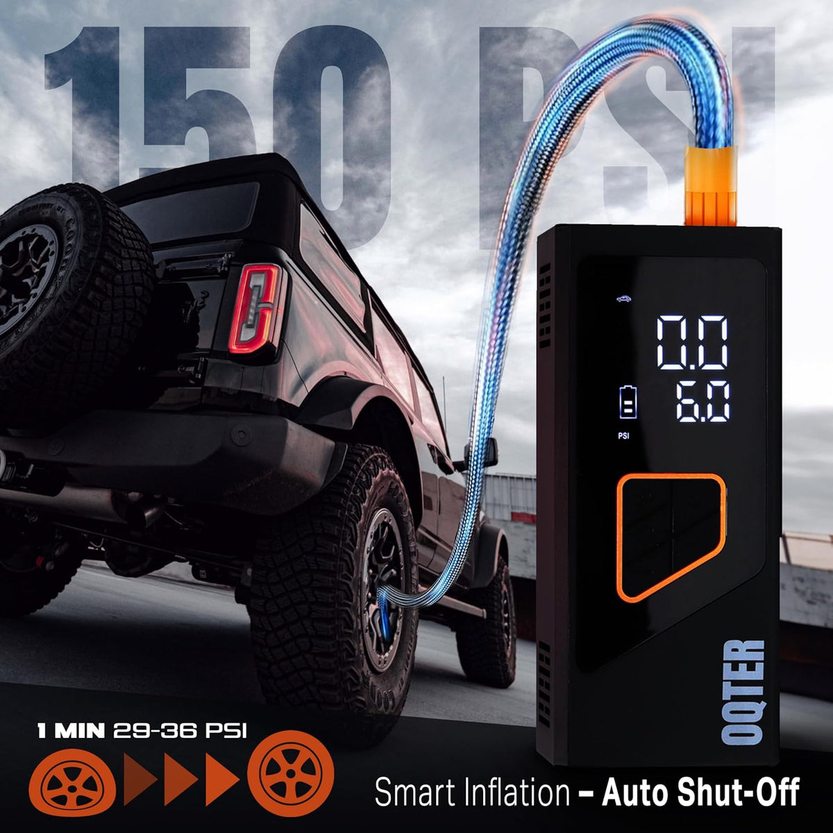 Tire Inflator Portable Air Compressor, 150PSI Portable Tire Inflator For Car, Air Pump for Car Tires with Tire Pressure Gauge Tools, 6000mAh Smart Pump Tire Inflator for Car, Motorcycle & Bike Pump