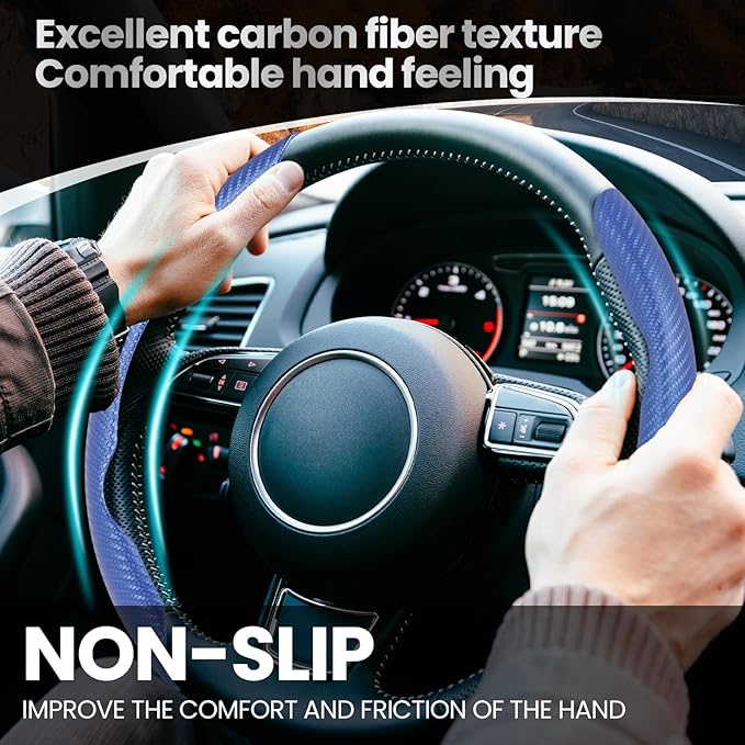 GSPSCN Universal Car Carbon Fiber Steering Wheel Cover Anti-Skid,Butterfly Steering Wheel Cover,Non-Slip Segmented Steering Wheel Protector,Fit for 99% Cars,Car Interior Accessories (Blue)