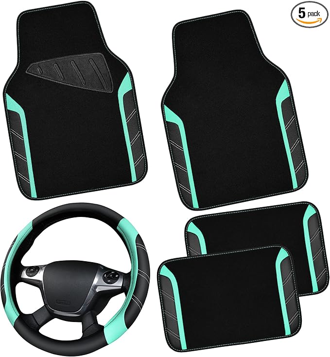 CAR PASS Leather Steering Wheel Cover and Waterproof Car Floor Mats,Microfiber Universal Car Combo Fit for 95% Sedan,SUV,Cars,14.5-15inch Sporty Anti-Slip Safety Comfortable Design(Black&Mint)