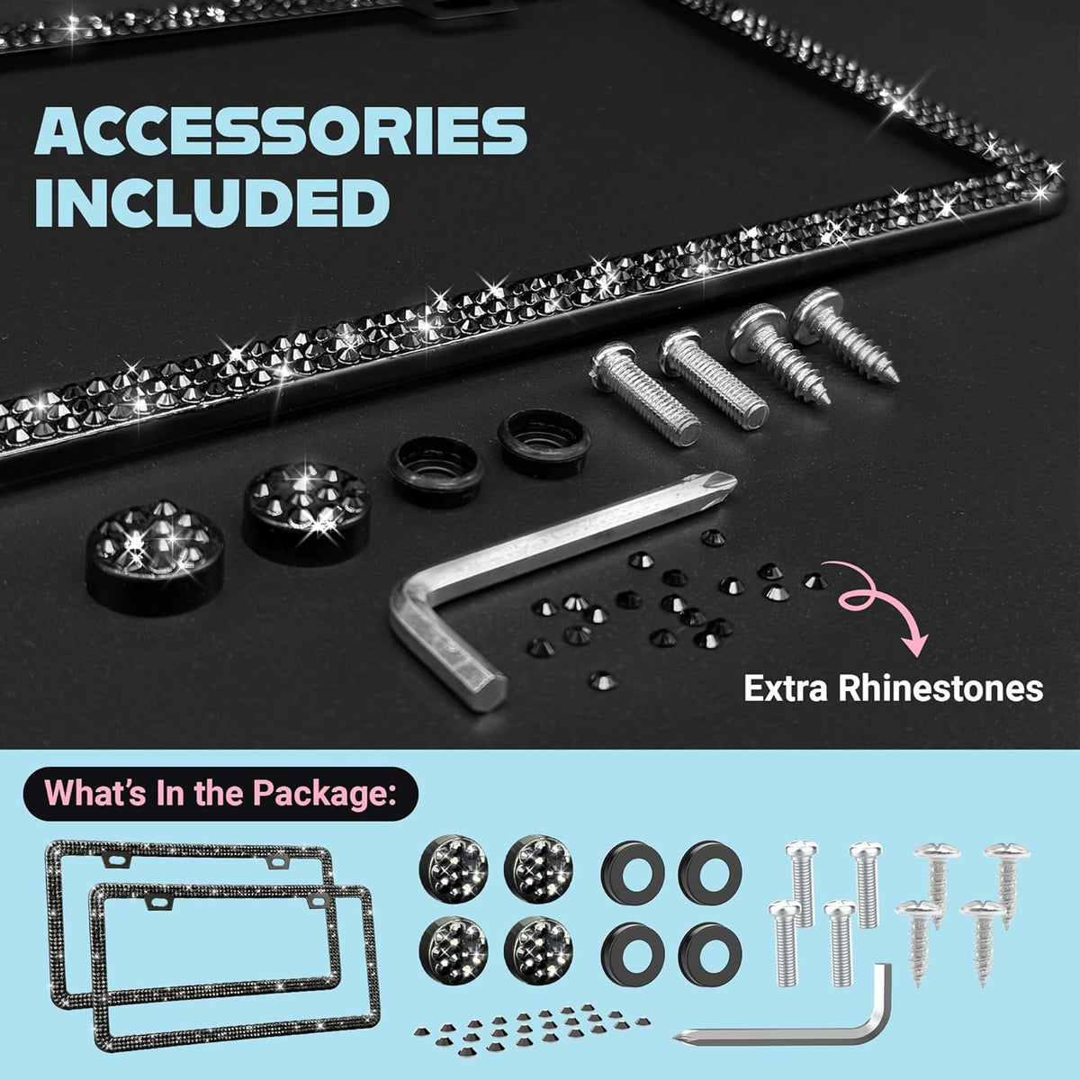 Elegant Bling License Plate Frames for Women - 2 Pack, 1600 Premium Black Rhinestones, Rust-Free Stainless Steel, Street Legal Slim Design, Sparkly Diamond Car Tag Holders with Glitter Crystal Covers