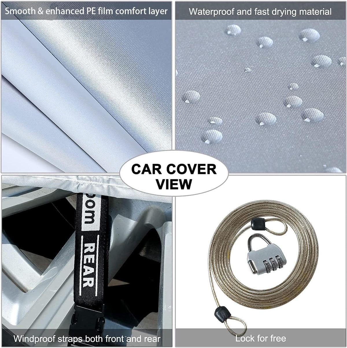 Tecoom Light Shell Breathable Material Classic Zipper Design Waterproof UV-Proof Windproof Car Cover with Storage and Lock for All Weather Indoor Outdoor Fit 191-205 Inches SUV