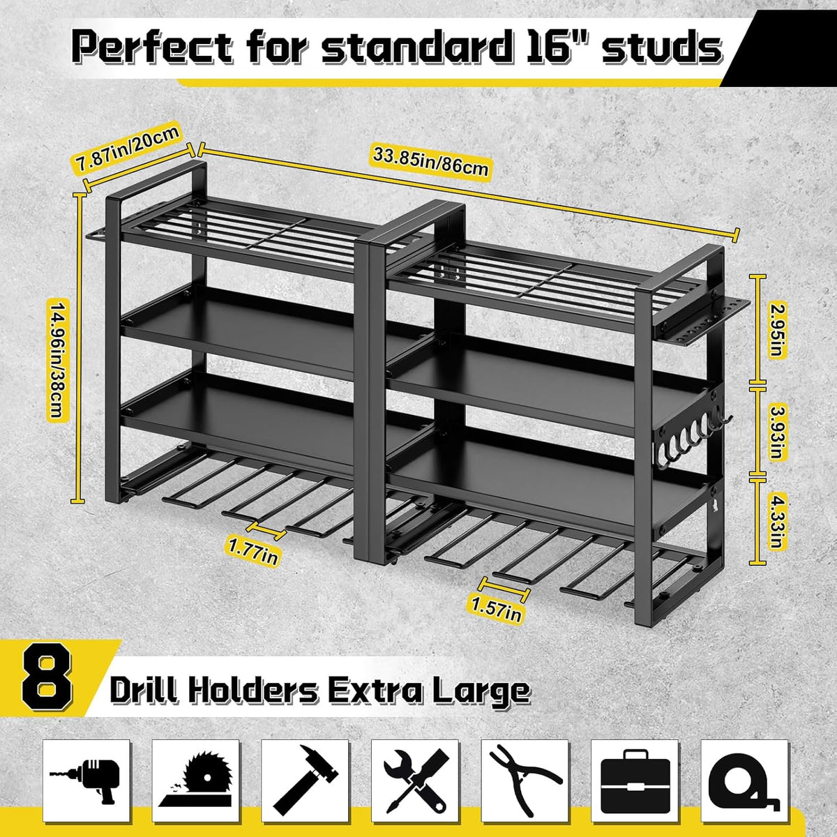 Large Power Tool Organizer Wall Mount, 8 Cordless Drill Holder, 4 Tier Metal Power Tool Shelf Battery Storage with 7 Hooks, Heavy Duty Utility Racks for Garage Workshop, Black
