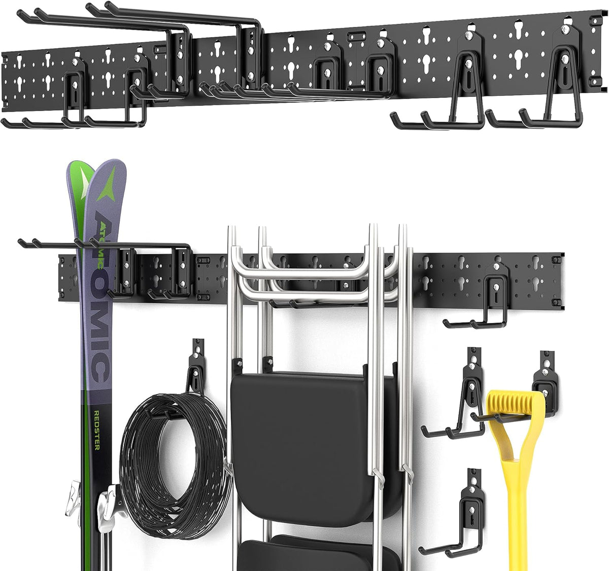 Ultrawall Garage Storage Organization, Versatile Storage Hooks Garden Tool Organizer Wall Mount, 48 Inch Yard Tool Organizer Hangers for Shovels, Rakes, Ladders, 15pcs Black