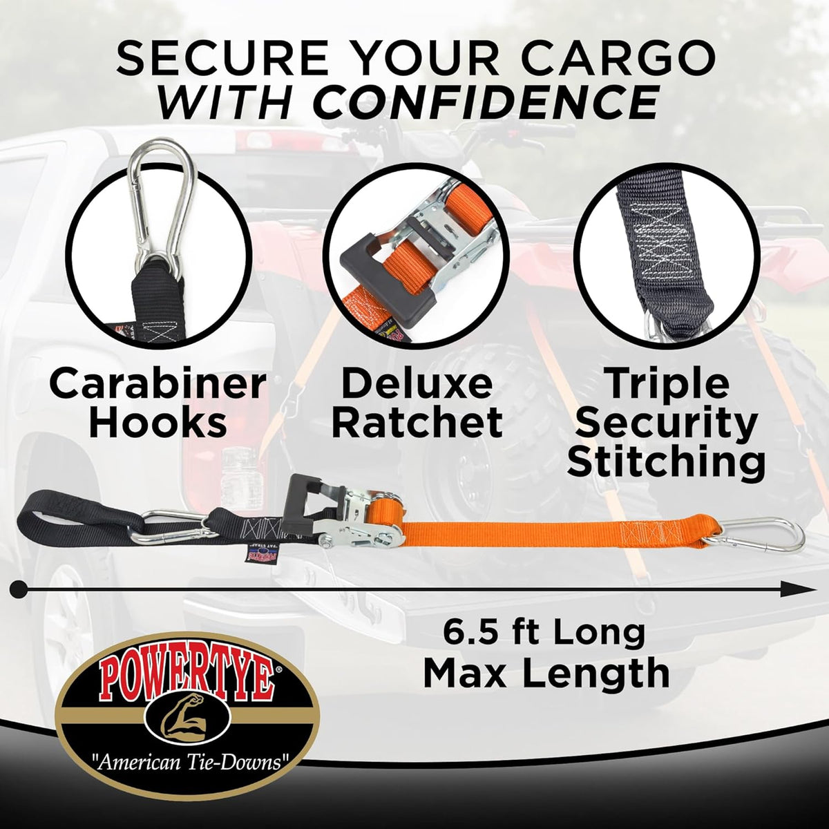 PowerTye 1.5in x 6.5ft Heavy Duty Ratchet Tie-Down Straps with Soft-Tye and Carabiner Hooks - 1,000 lb Working Load Limit / 3,000 lb Breaking Strength - Made in USA - Black/Black Pair