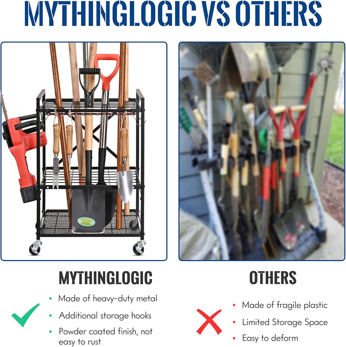 Mythinglogic Garden Tool Organizer for Garage, Yard Tool Rack with Wheels, Garage Organizers and Storage Holder for Yard Tools (Small Tower)