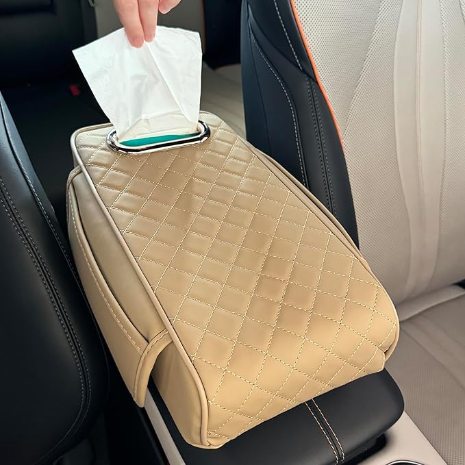 Upgraded Multi-Functional Car Center Console Cover, PU Leather Armrest Pad Cushion with Memory Foam Cushion, 2 Storage Pockets, Tissue Box Hole for Sedan Vehicles, 7 Colors (Beige)