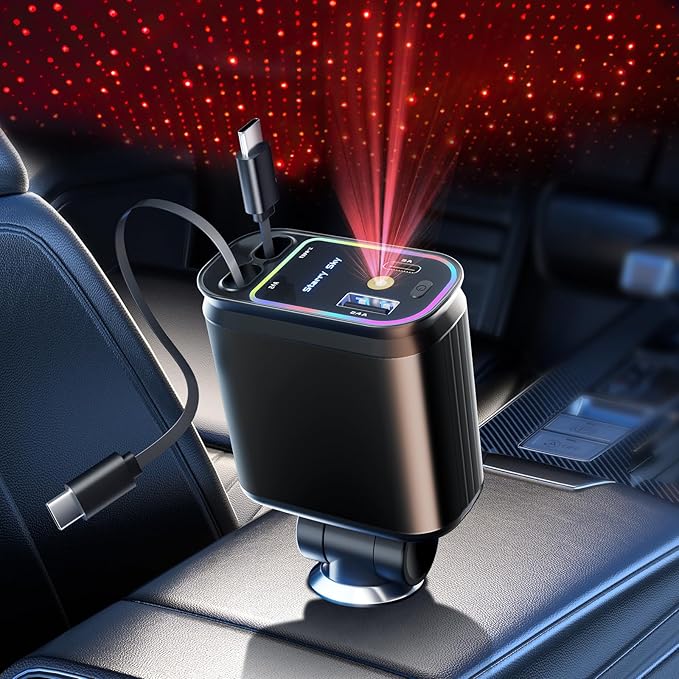 Starlight Retractable Car Charger with Dual Type C Cables, 66W Starlight in Car roof 4 in 1 Retractable Car Phone Charger Adapter, Fast Charging USB C Cable, Compatible with iPhone 17/16/15/14