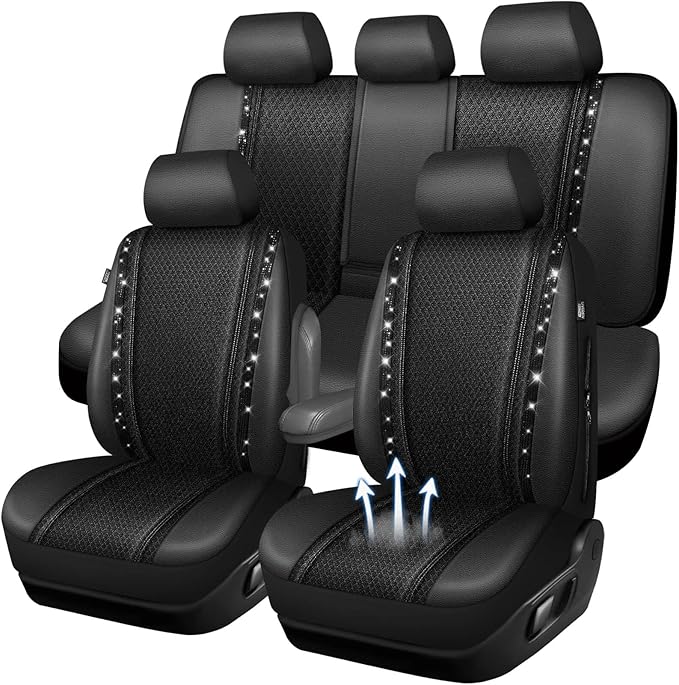 CAR PASS Memory Foam 3D Mesh Bling Diamond Car Seat Cover Full Set Breathable Soft Sponge Universal Shining Glitter Sparkly Crystal Armrest Fit Automotive Truck SUV Cute Women Girl, Black Rhinestone