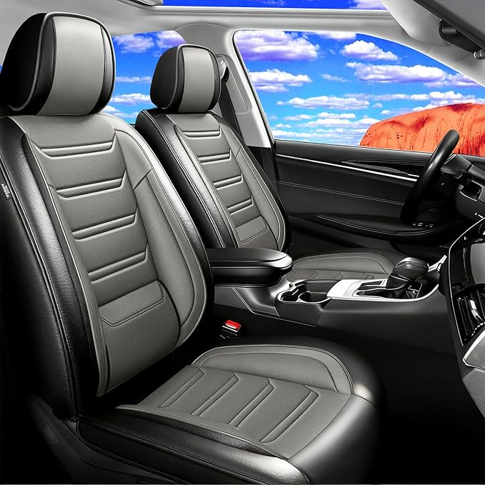 Fit Ridgeline Car Seat Covers for Select Honda Ridgeline 2007-2026 - Premium Full Coverage Leather, Airbag Compatible, Waterproof & All Weather Seat Cushion Protector, Full Set, Black+Gray
