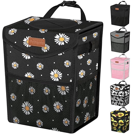 Pritent Car Trash Can with Lid, Cute Leakproof Car Trash Garbage Bag Hanging Vehicle Trash Bin Small Portable Automotive Garbage Cans Organizer for Back/Front Seat/Console(Trapezoid,Black Flower)