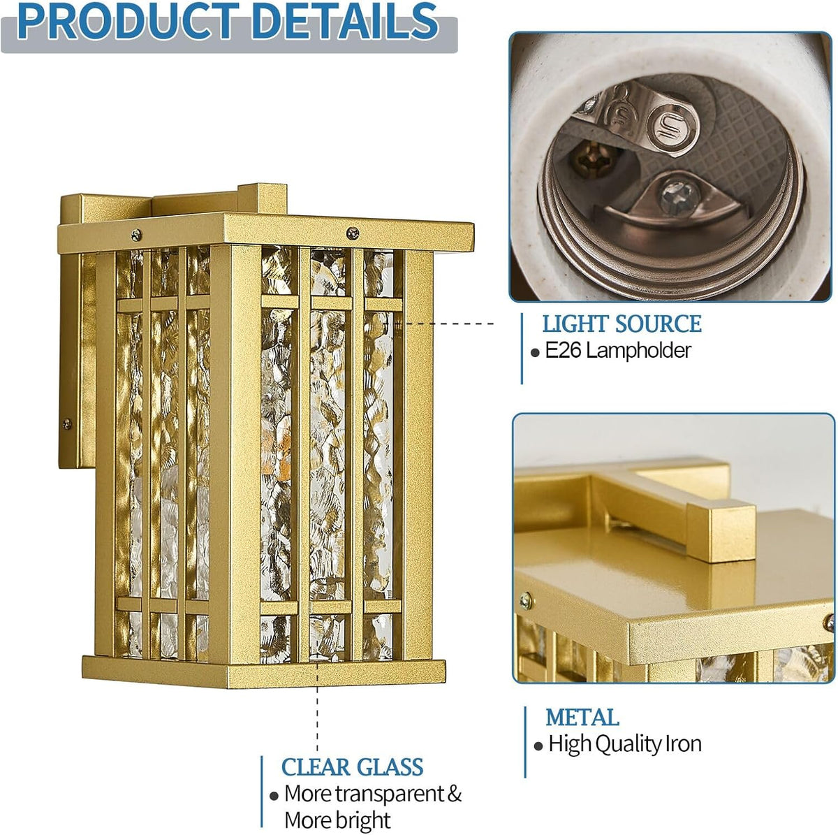 Outdoor Wall Light E26 Base Metal Frame - Gold Exterior Waterproof Lanterns with Clear Glass, Porch Wall Mount Lighting for Garage, Patio(Bulb not Included)