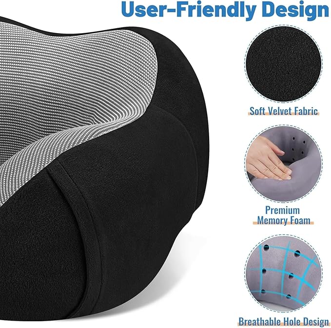 CloudBliss Travel Pillow Premium Memory Foam, Comfortable & Supportive Neck Pillow, Neck Pillows for Sleeping Travel, Airplane Pillow for Sleeping Airplane, Car, Office and Home（Black & Black）