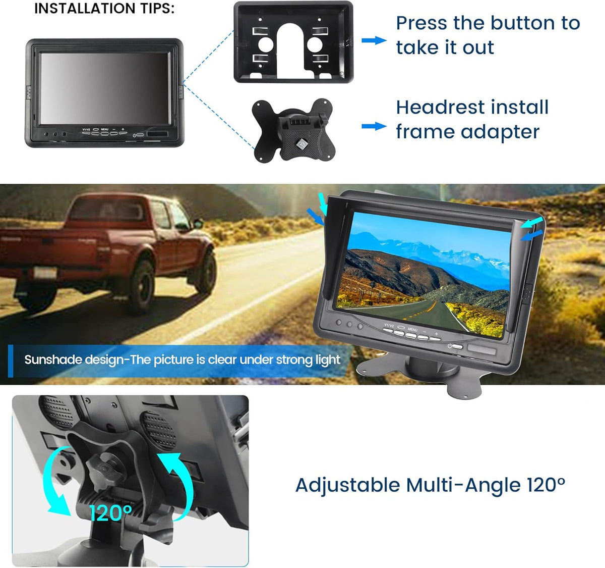 Anina 7 Inch Monitor Quad Split HD Screen 4 Channels RCA Video Inputs for Car Pickup Truck SUV Vehicle with Headrest Mounting Bracket