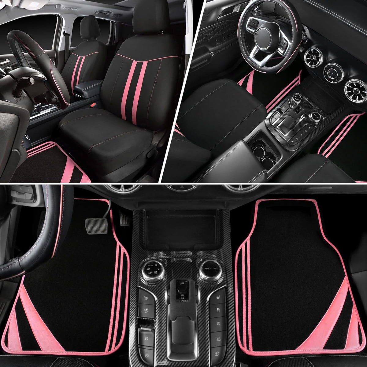 CAR PASS Car Seat Covers Full Set for Women Girls with Waterproof Car Floor Mats,Anti-Slip Leather Steering Wheel Cover,Universal Fit for SUVs,Vans,Trucks,Sedans,Cars (Combo Set,Black & Pink)