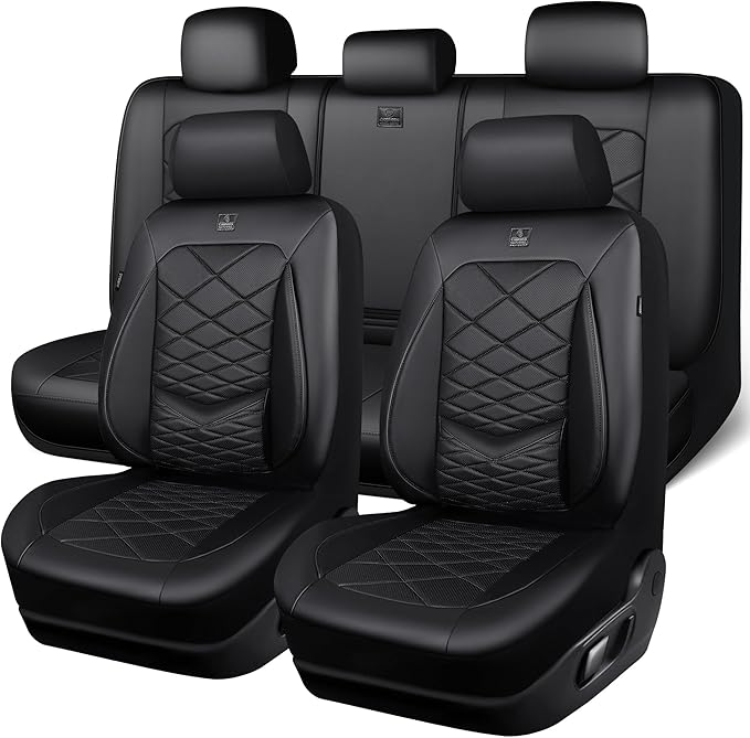 CAR PASS Luxury Nappa Leather Seat Covers Full Set, Water Resistant Faux Leather Seat Covers with Lumbar Support, Comfortable Automotive Seat Covers Universal Fit for SUV Sedan Van Truck, Solid Black