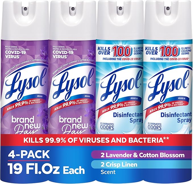 Lysol Disinfectant Spray, for Cleaning and Deodorizing, Lavender & Cotton Blossom + Crisp Linen (Pack of 4)
