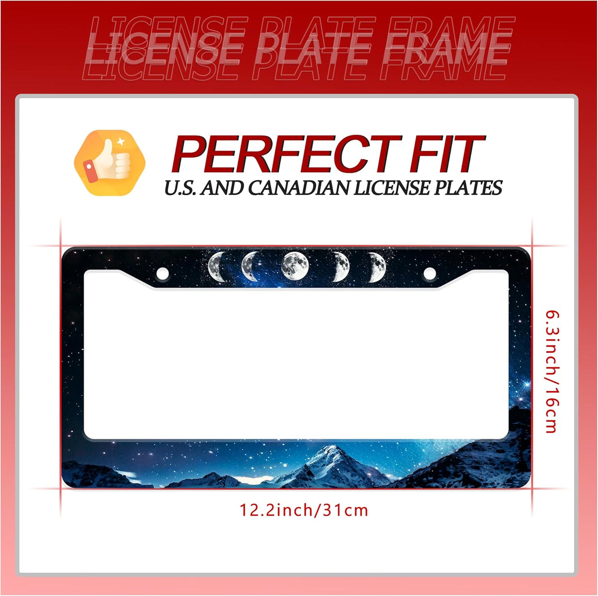 Personalized License Plate Frame Moon Phase Mountains Stainless Steel Accessory License Plate Holder Funny Car Decorative 2 Holes Screws Fits Us Standard License Plates 12.2 X 6.3 in for Men Women