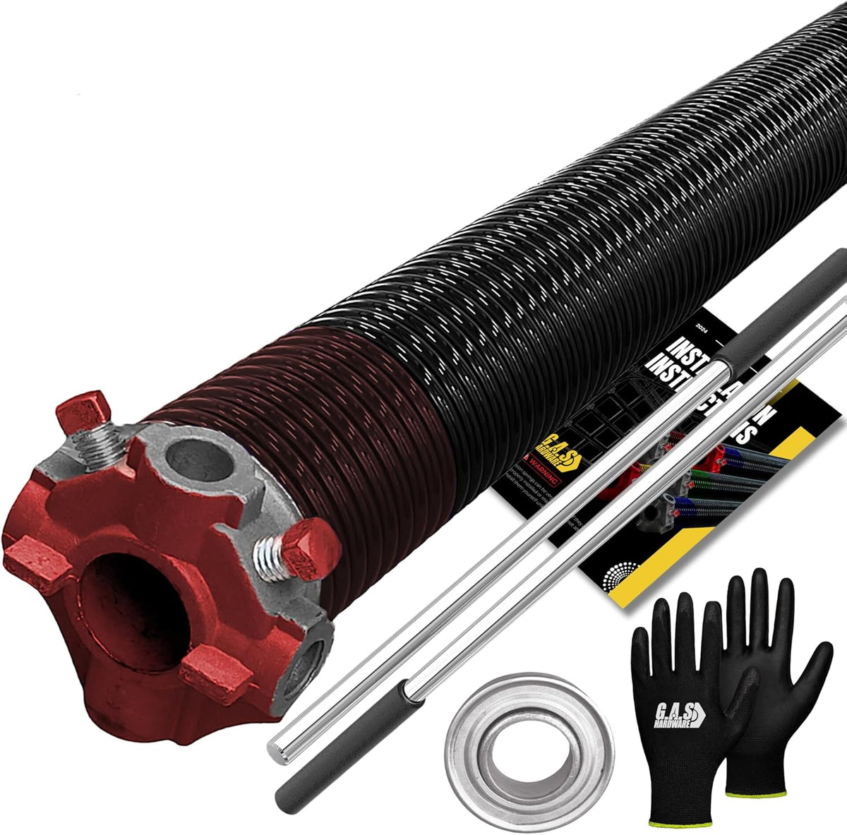 Garage Door Torsion Spring 234x1.75x35 Includes 1” Steel Bearing, Non-Slip Gloves, and Winding Bars for Left Side of Garage Door Precision E-Coating 5-Year Warranty Min. 30,000 Cycles (Red Cone)